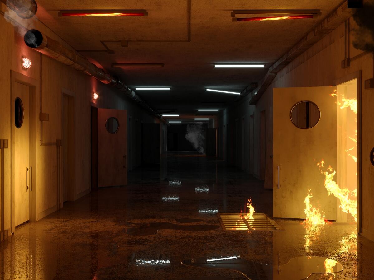 A fire spreading into an empty hallway