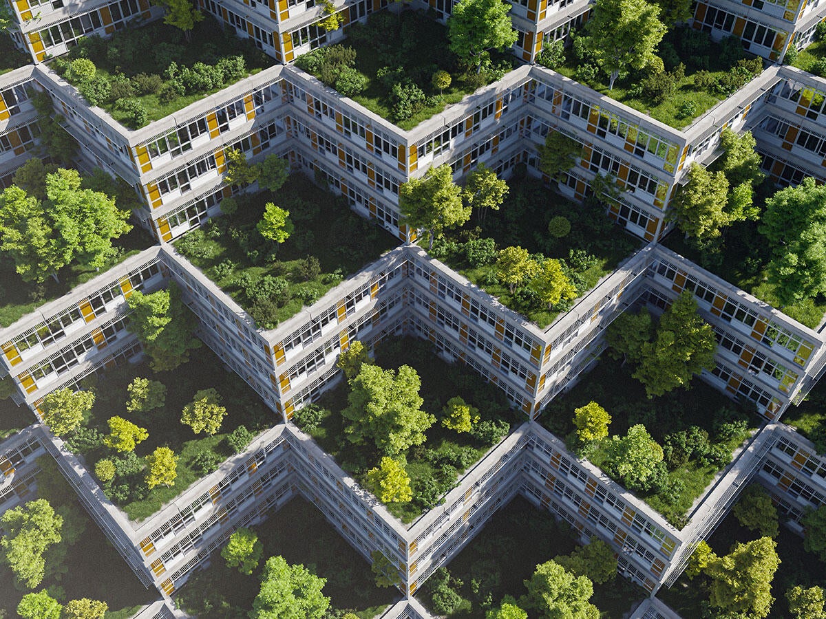 Multitiered building with green roof garden spaces