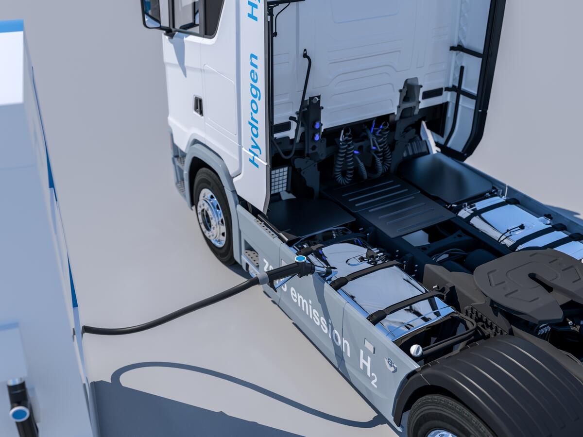 Commercial vehicle at hydrogen fueling station.