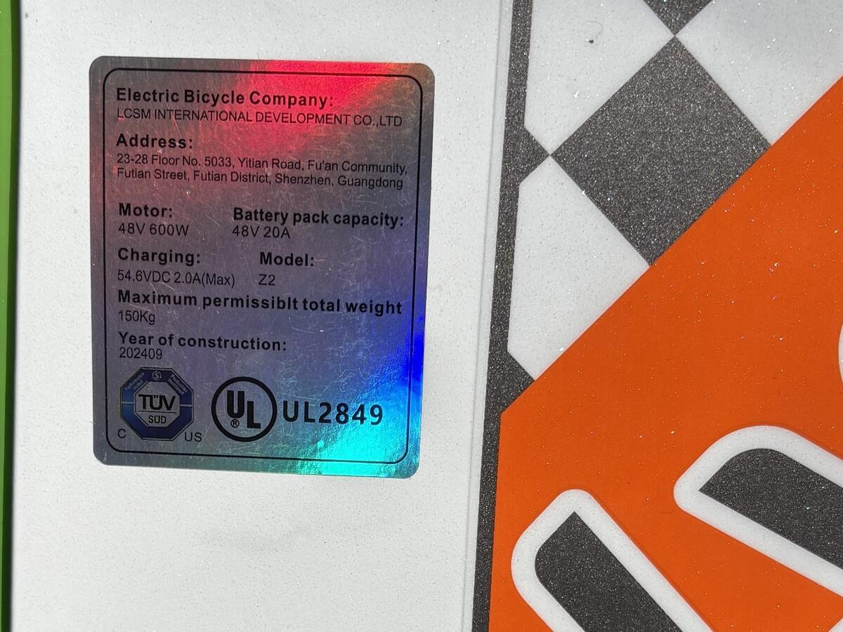 Unauthorized UL Label on electric scooter Model Z2.