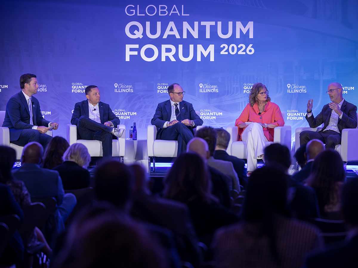 Alex Dadakis, EVP and president of Testing, Inspection and Certification (TIC) at UL Solutions (left), moderates a July 22 discussion at the Global Quantum Forum. (Photo credit: David T. Kindler).