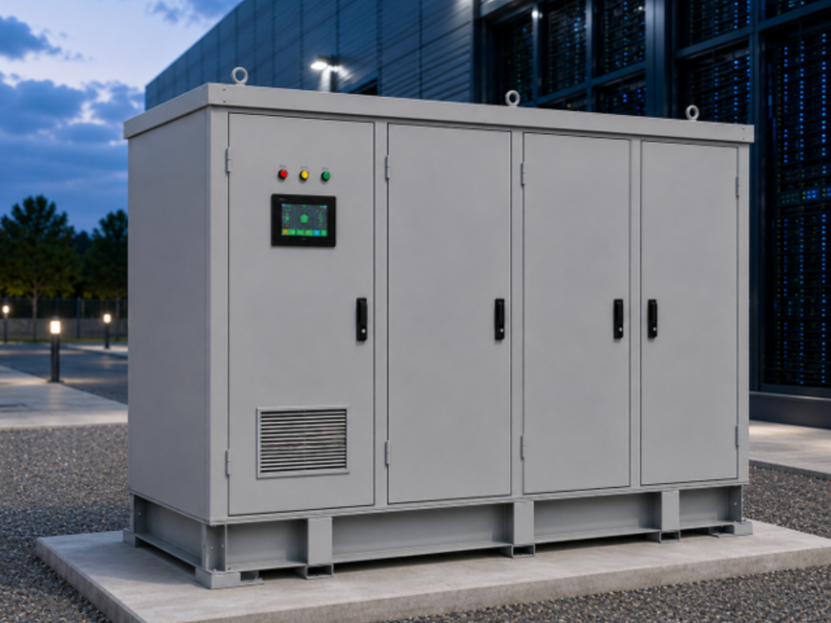 A data center Medium Voltage Solid State Power Unit sitting next to a building