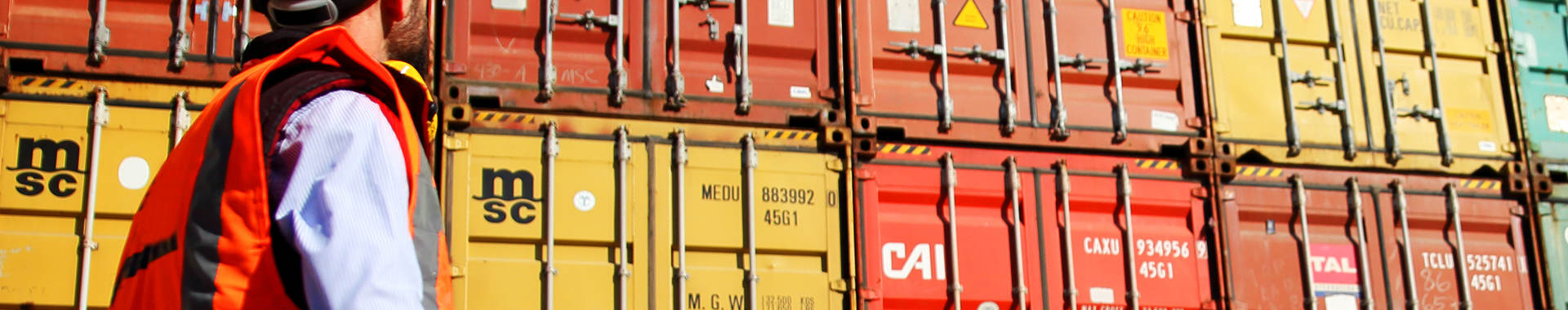 Worker in a hard hat inspecting shipping containers