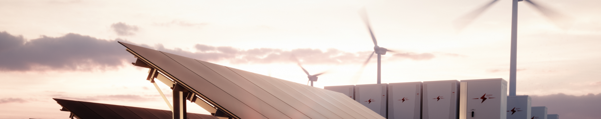 Solar panel and battery field at dusk