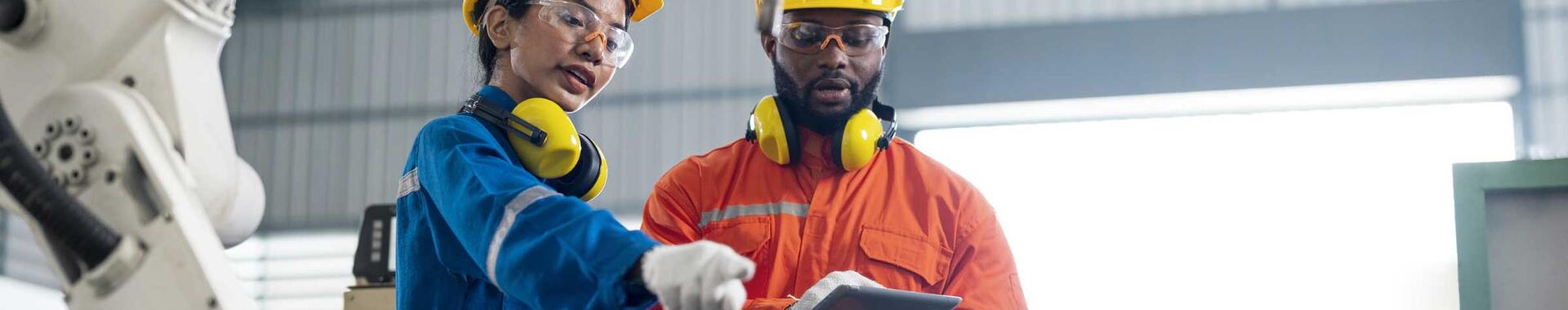 Man and woman in protective gear discussing content on a tablet 