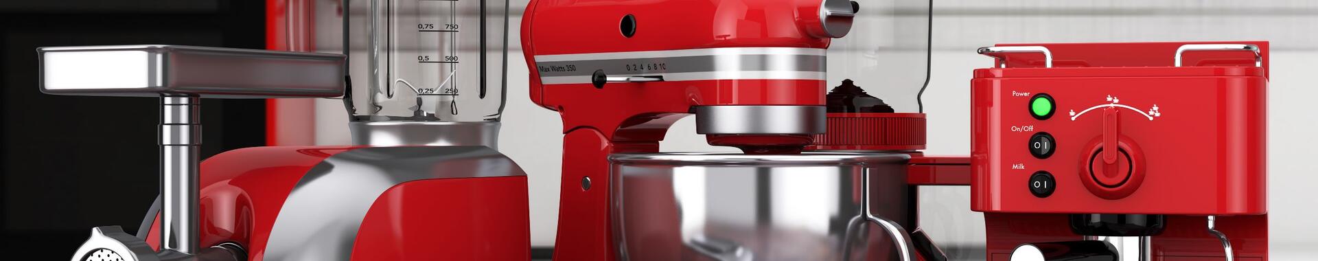 Kitchen Appliances Set. Red Blender, Toaster, Coffee Machine, Meat Ginder, Food Mixer and Coffee Grinder.