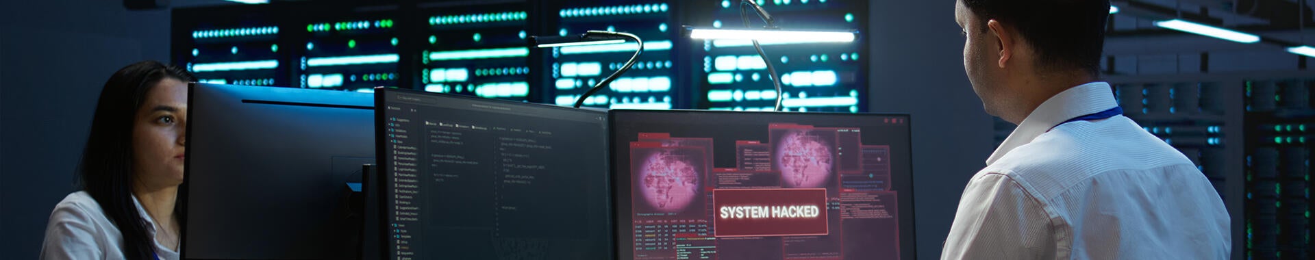 two people working at their desks and looking at monitors