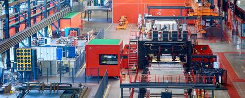 An aerial view of the inside of a factory.