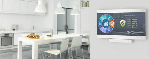 Crisp clean white kitchen with Smart security screen featured