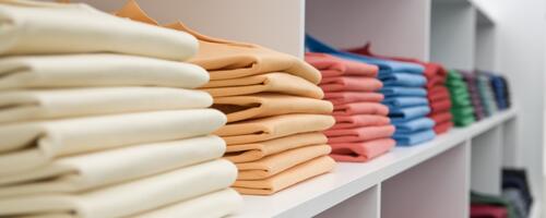 Colorful shirts at store.