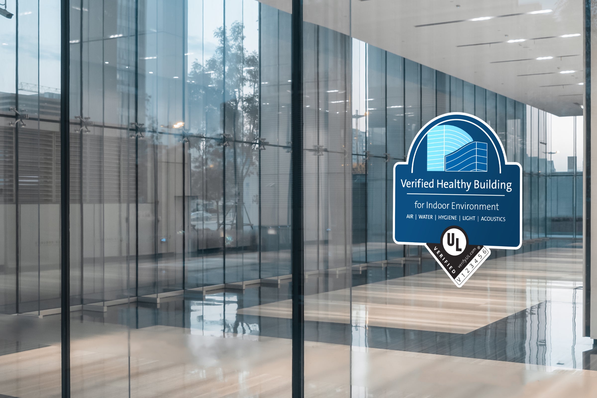Verified Healthy Building Mark on glass office