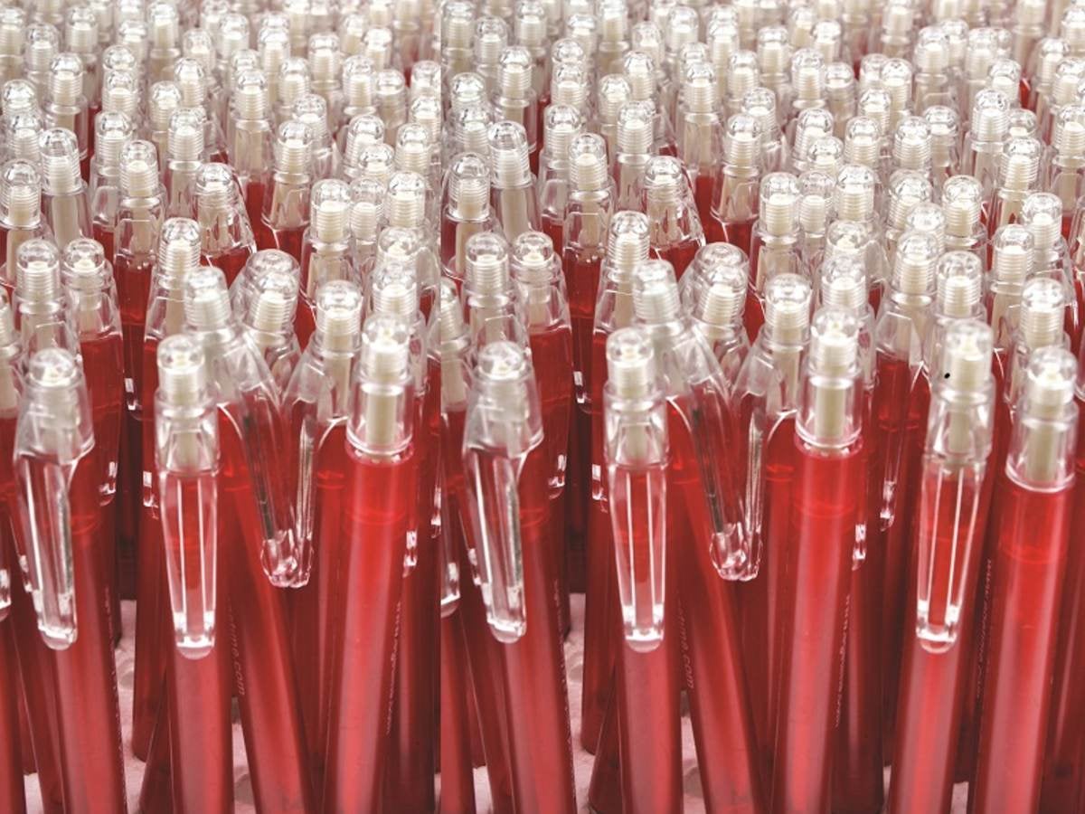 Closeup view of hundreds of red pens