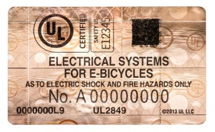 UL Certified label for e-bikes example