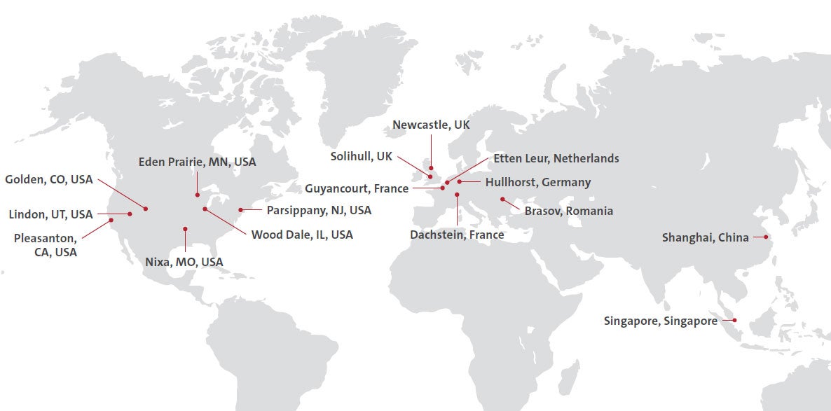 Map of 16 facilities worldwide