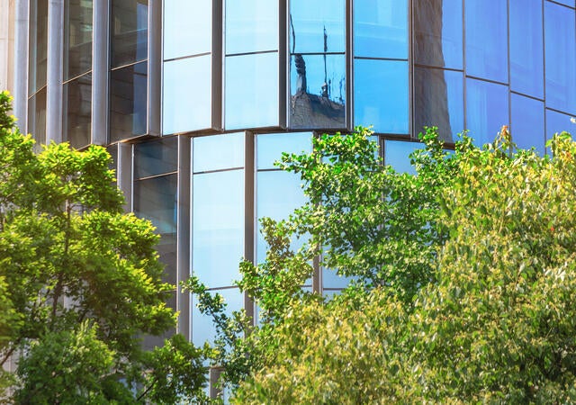 glass building  with trees in front of it