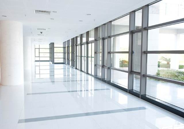 Building interior with wall of windows
