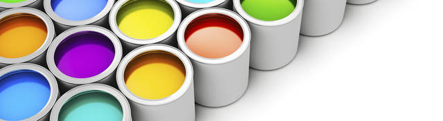 Pristine cans of paint in many colors.