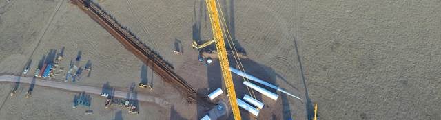 Aerial view of the construction of the Goldwind wind turbine in West Texas