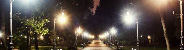Park pathway lit up at night