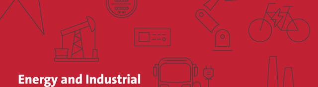 Energy and Industrial Outlook newsletter banner with industry specific icons including solar panel, wind turbine, electric vehicle batteries, oil rig, manufacturing plant