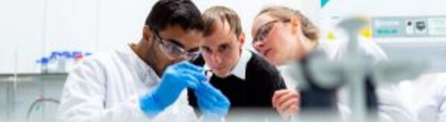 Scientists looking at vial