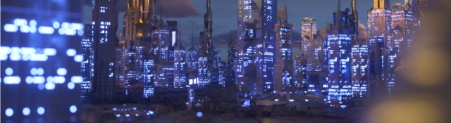 Cityscape with lights on in buildings