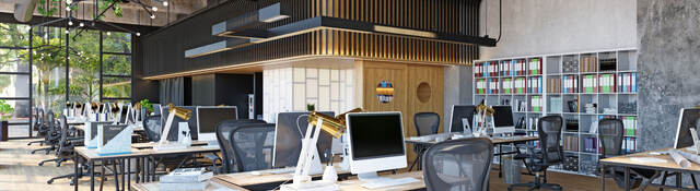 Row of empty desks in a modern office