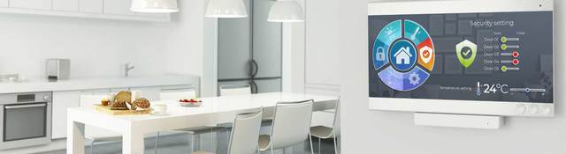 Crisp clean white kitchen with Smart security screen featured