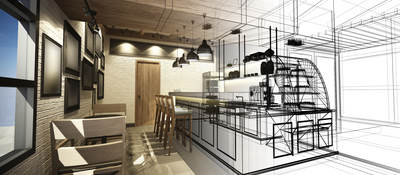 Interior design software being used to create a digital rendering of a coffee shop.
