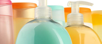 Colorful bottles of soap and shower products