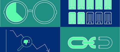 Illustration blue and green with glasses, chain, chart and illustrations