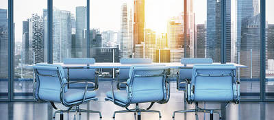 Conference room overlooking city scape