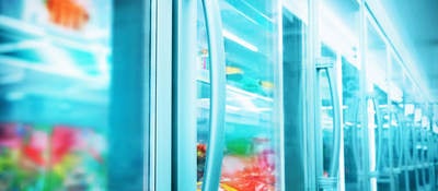 Close up image of products in a supermarket refrigerator