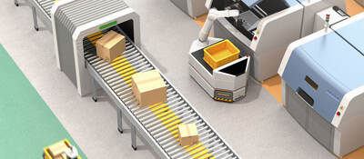 Industrial automated mobile platform with robotic arm in warehouse picking up products off the conveyor. 