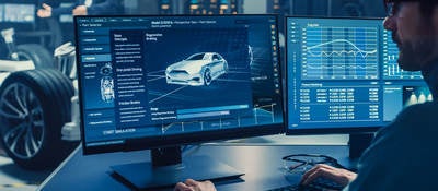 Automotive engineer looking at a computer displaying a 3D electric car chassis prototype with wheels.