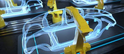 Digital generated image of yellow colored robotic arms working on car production line.