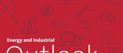 Energy and Industrial Outlook newsletter banner with industry specific icons including solar panel, wind turbine, electric vehicle batteries, oil rig, manufacturing plant