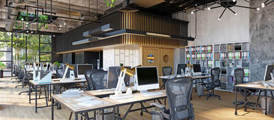Row of empty desks in a modern office