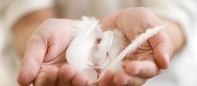 Feather and down in a woman’s hand