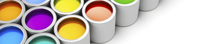 Pristine cans of paint in many colors.