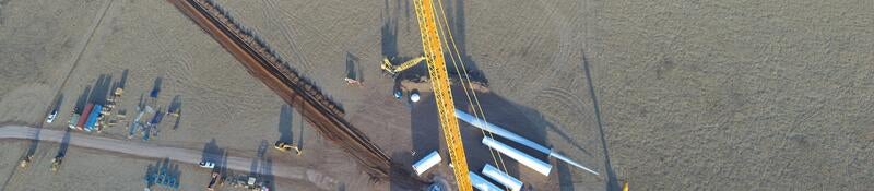 Aerial view of the construction of the Goldwind wind turbine in West Texas
