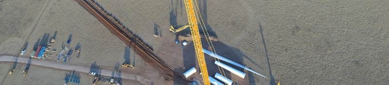 Aerial view of the construction of the Goldwind wind turbine in West Texas