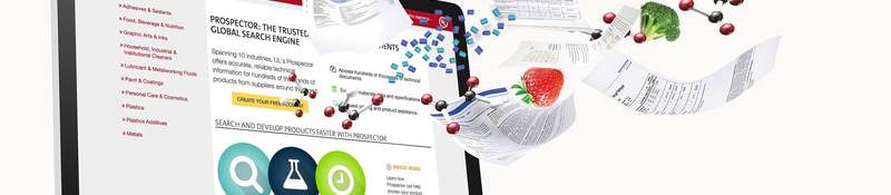 Prospector homepage graphics with molecules, ingredients and datasheets flying out.
