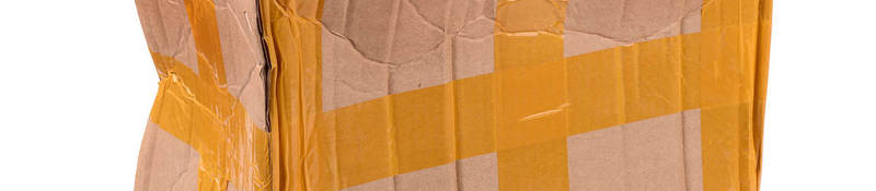 Photo of a smashed box held together with tape