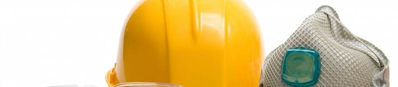 Picture of protective glasses, hardhat, and face mask
