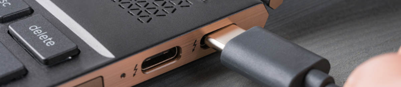 Closeup of a Thunderbolt plug in a laptop