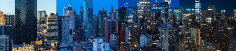 Day-to-night collage of a cityscape, representing circadian rhythms of the population.