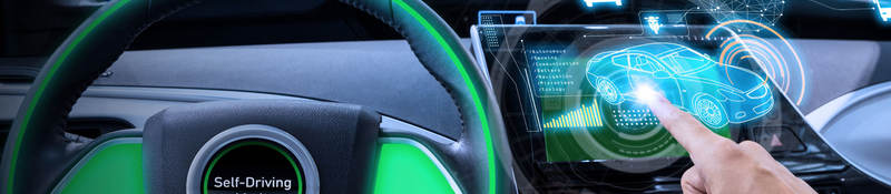 Visual representation of a vehicle cockpit and screen, showing the automotive technology of an autonomous car