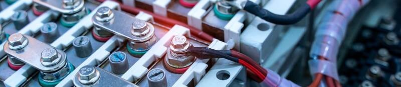 Closeup of lithium ion industrial high current batteries. 