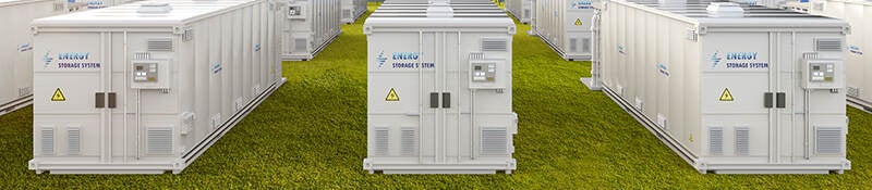 Rows of white energy storage units